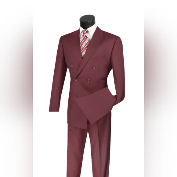 VINCI Men's Burgundy Double Breasted 6 Button Classic Fit Suit NEW - Picture 1 of 13